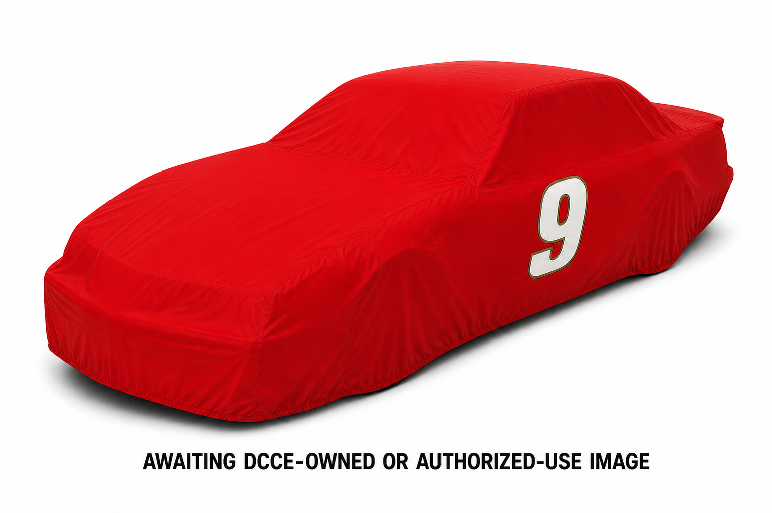 Red fitted cover over the Bill Elliott 1987 Talladega No. 9 vehicle silhouette while DCCE awaits an owned or authorized-use image